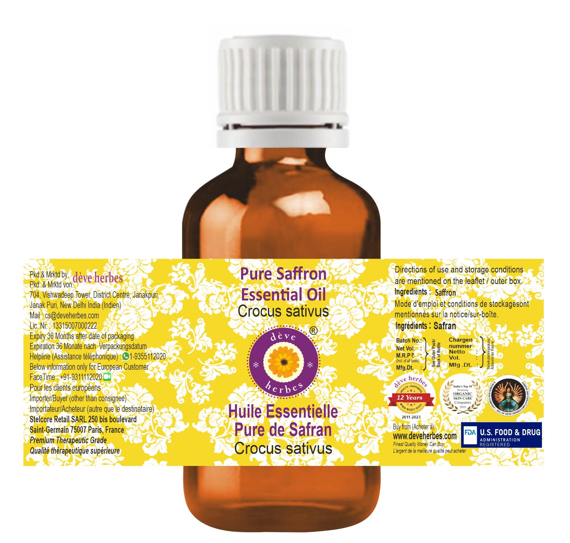 Deve Herbes saffron essential oil dropper enables precise dilution for facial care routines.