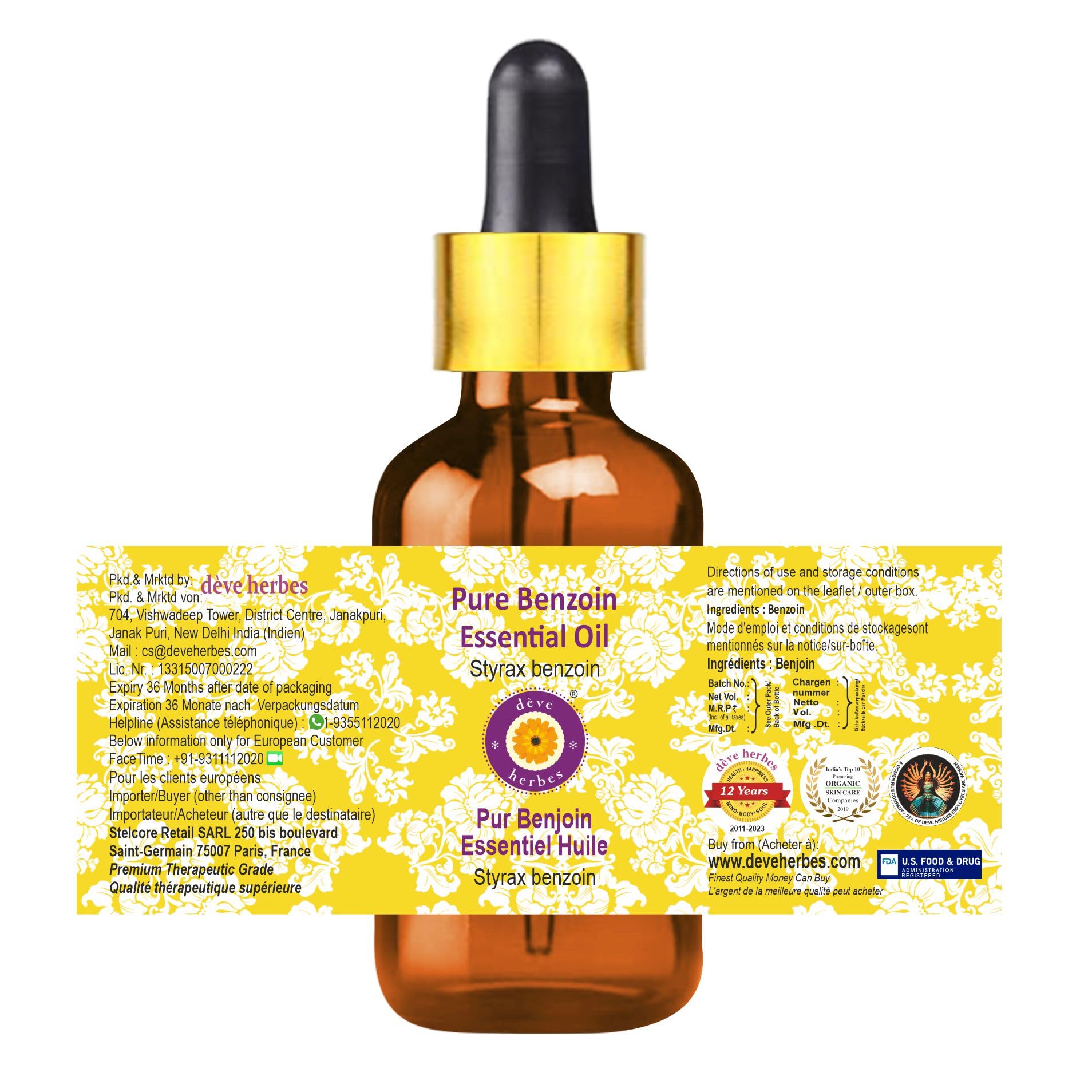 Deve Herbes steam-distilled benzoin essential oil ideal for relaxing home fragrances.