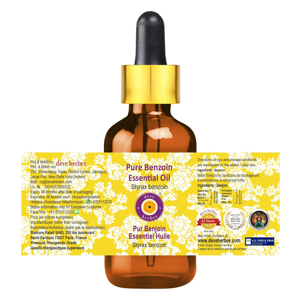 Deve Herbes steam-distilled benzoin essential oil ideal for relaxing home fragrances.