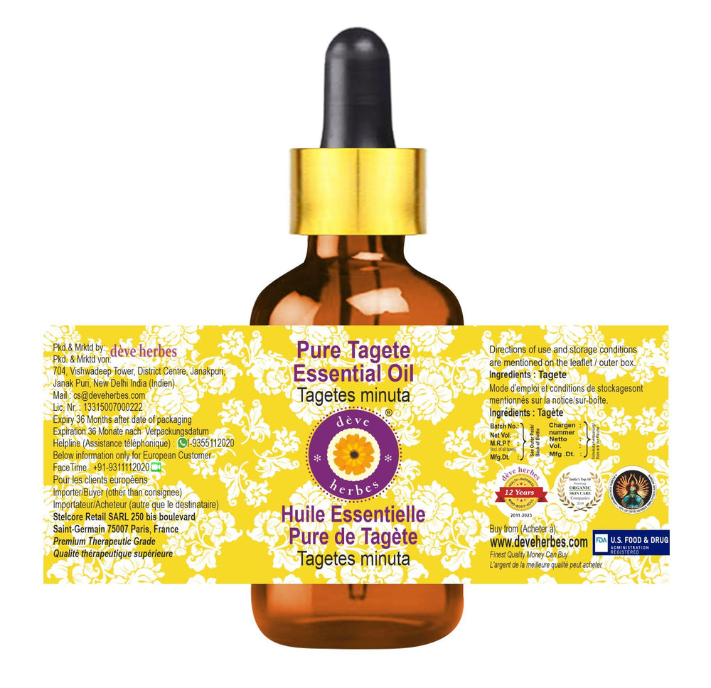 Deve Herbes Tagete oil steam-distilled label emphasizing natural single-ingredient formula