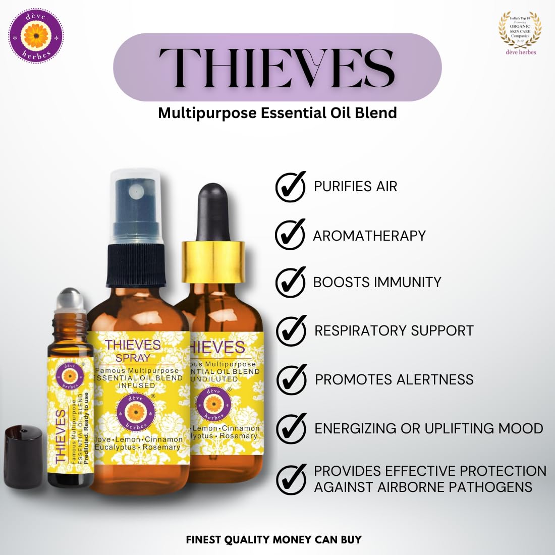 Packaging view of Deve Herbes Thieves bottle and roll-on together