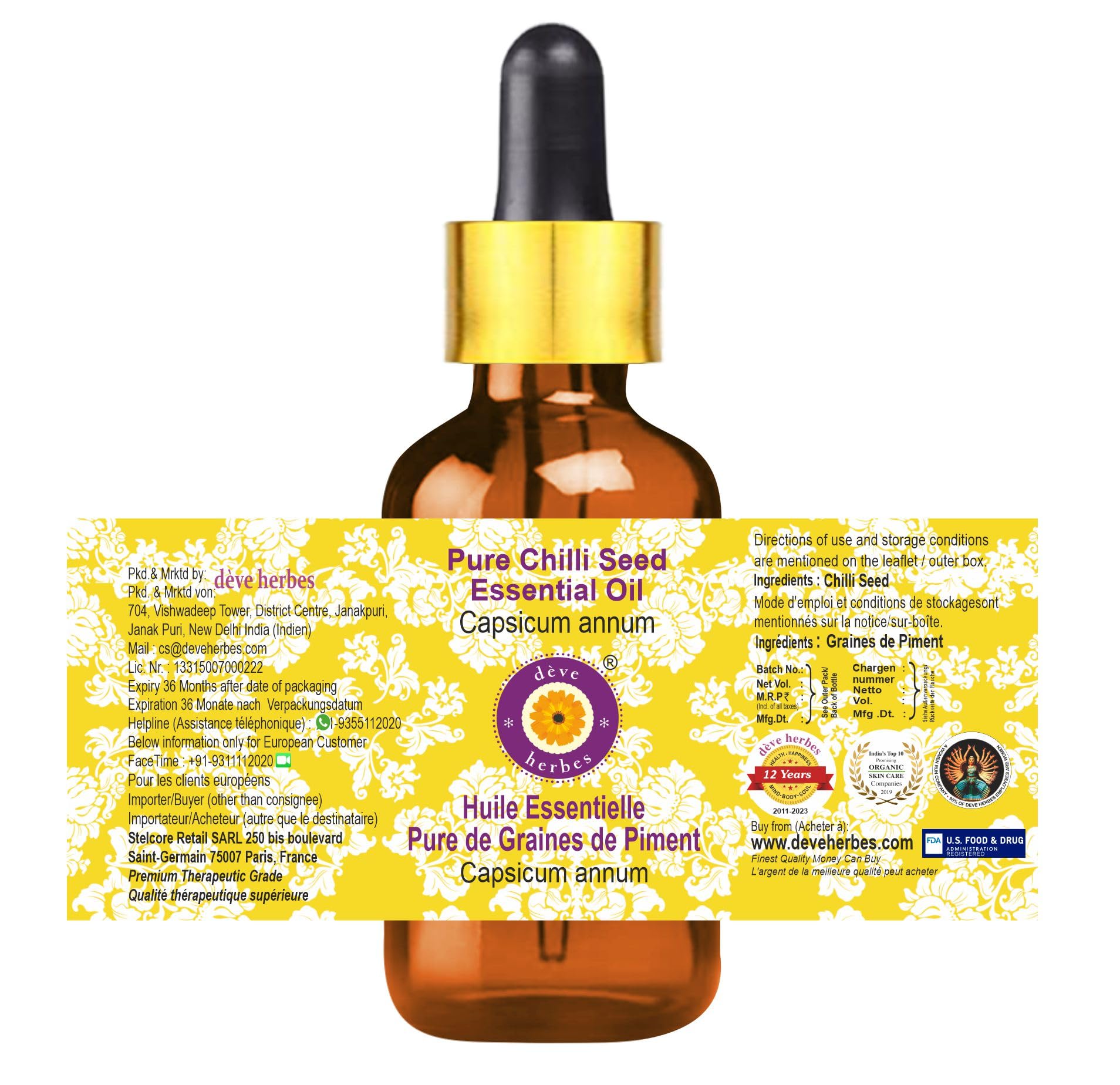 Steam-distilled chilli seed oil from Deve Herbes in a visually compact bottle