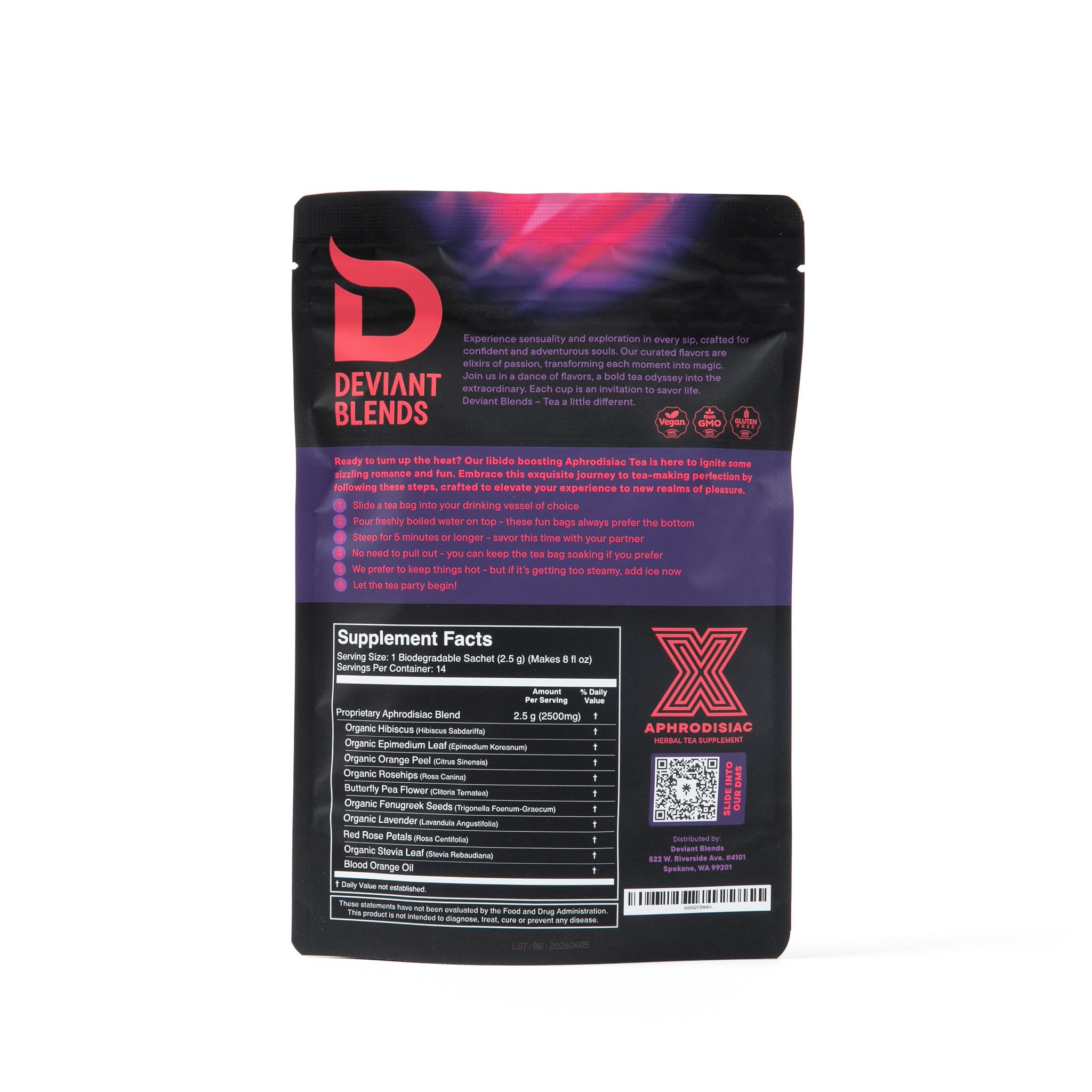 Deviant Blends Libido Tea packaging emphasizing vegan, non-GMO qualities