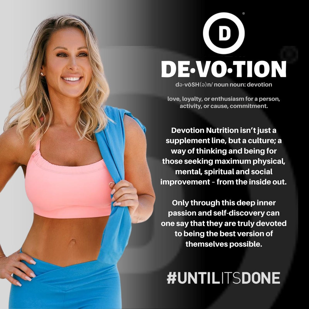 Nutrition panel on Devotion Nutrition Angel Food Cake powder showing low carb and no sugar.
