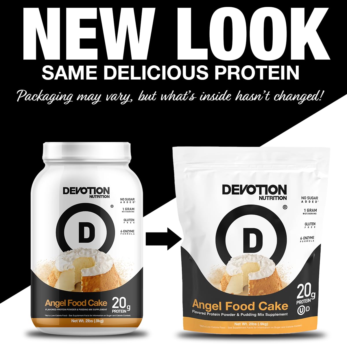 Devotion Nutrition scoop beside Angel Food Cake powder for easy portions.