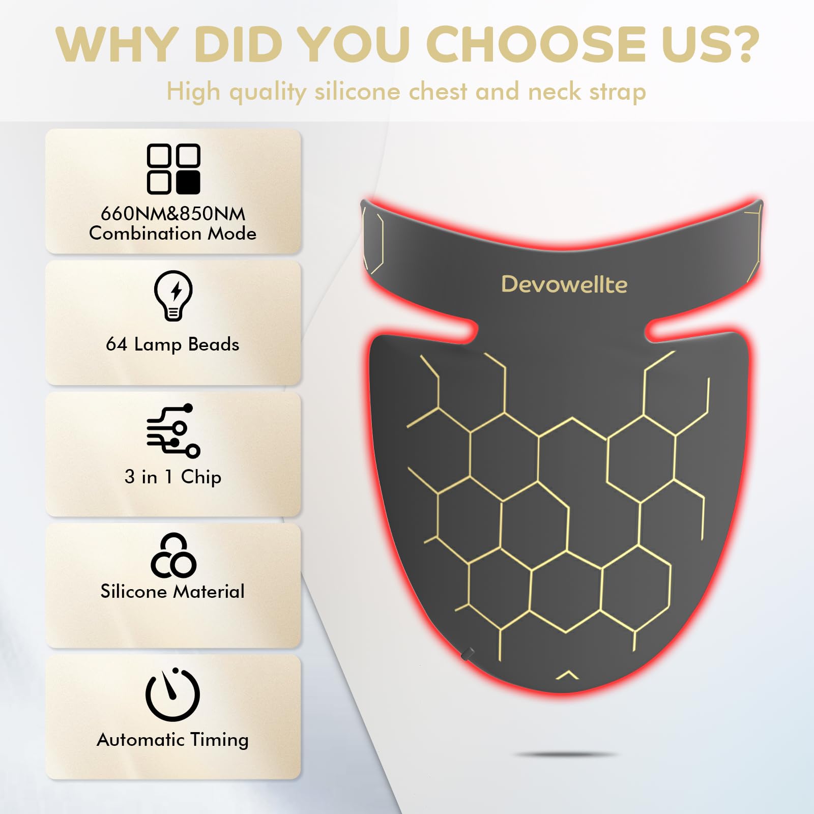 Devowellte 660nm red and 850nm near-infrared therapy light for easy home sessions.