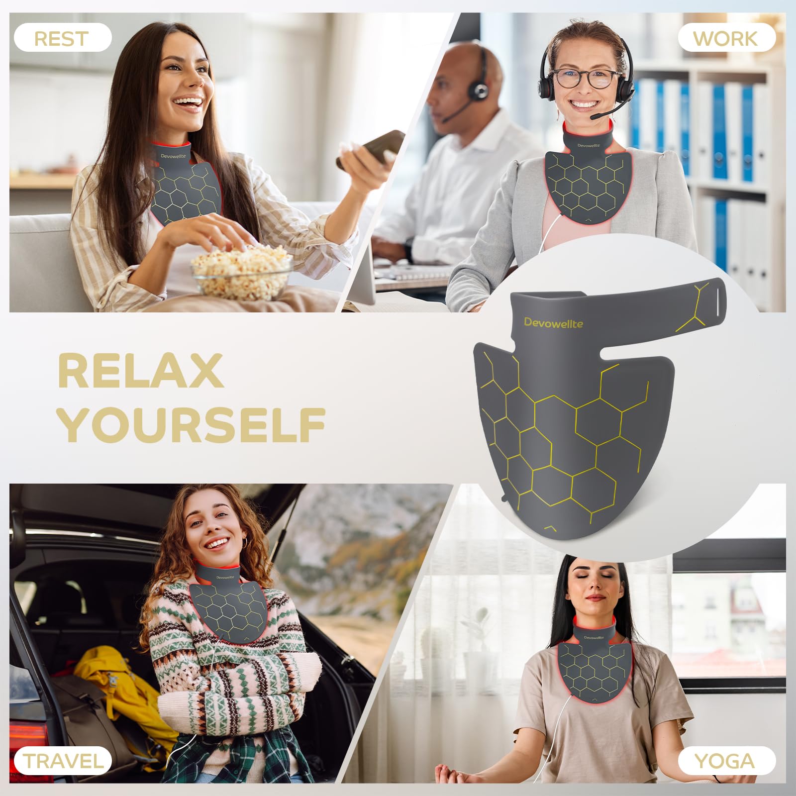 Devowellte soft silicone neck band ensures comfortable, even contact during sessions.