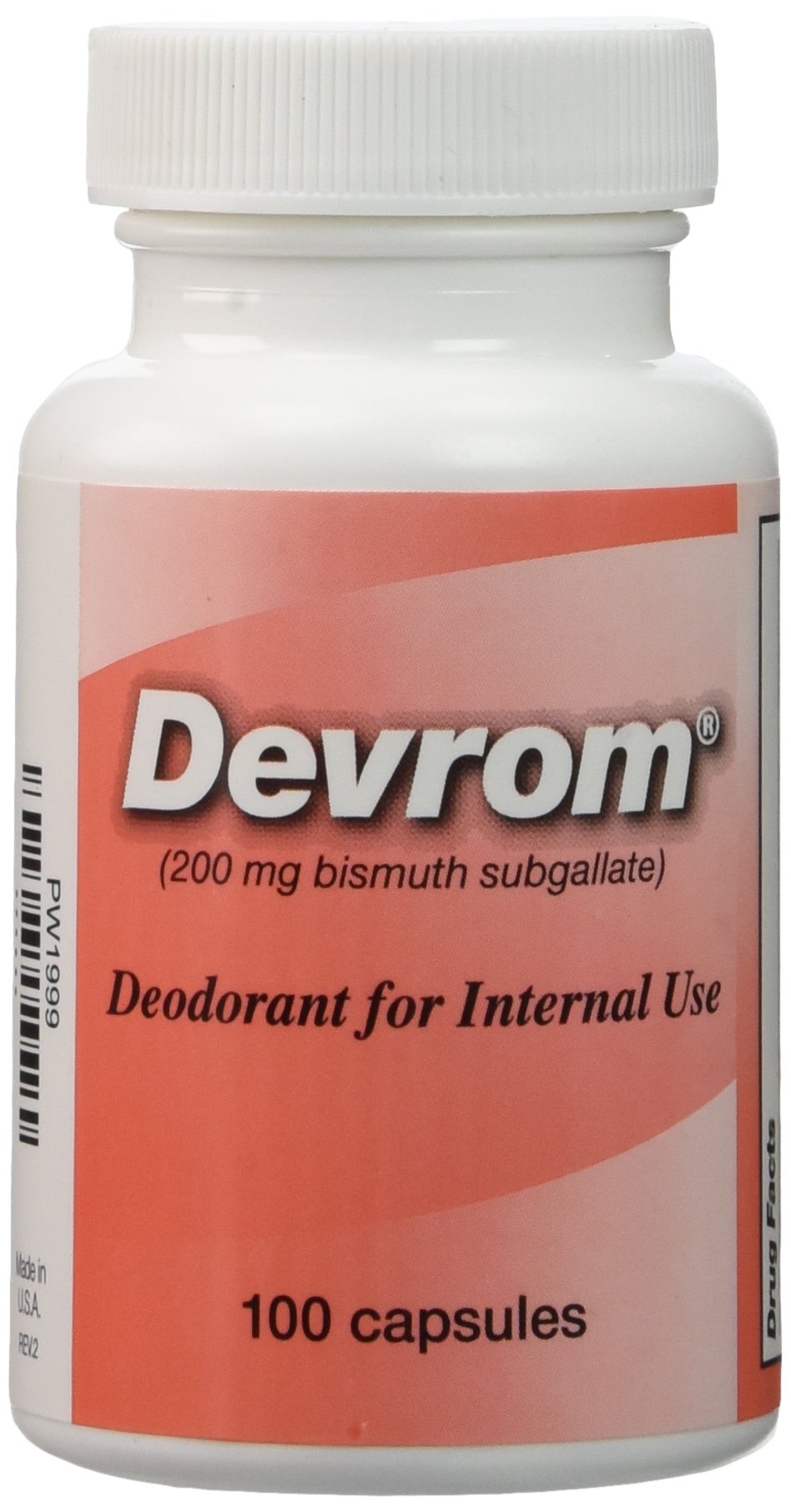 Devrom 200mg capsules bottle front showing lactose-free internal deodorant for ostomy users