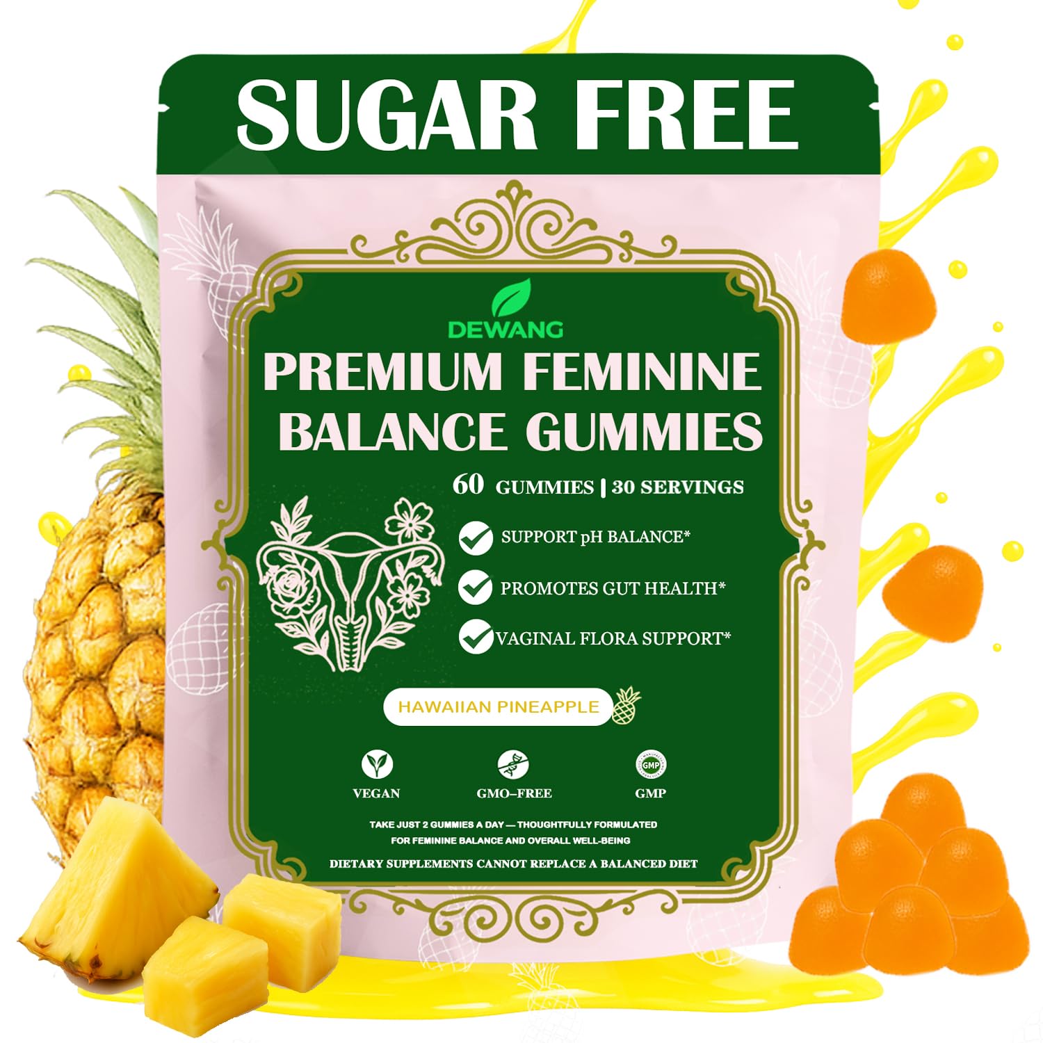 DEWANG Feminine Balance Gummies bottle highlights daily pH support and confidence