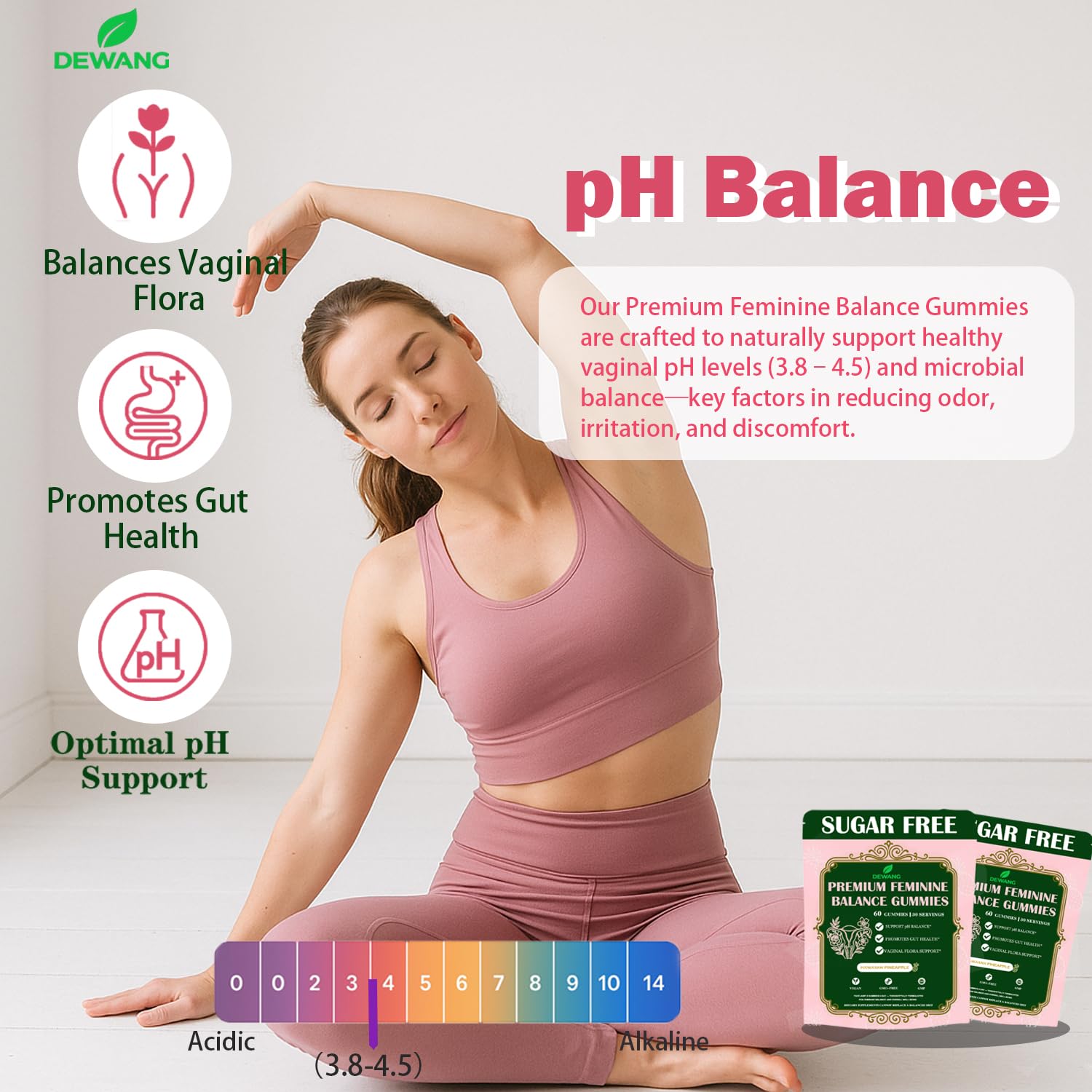 DEWANG Feminine Balance Gummies close-up shows pineapple flavor for routine