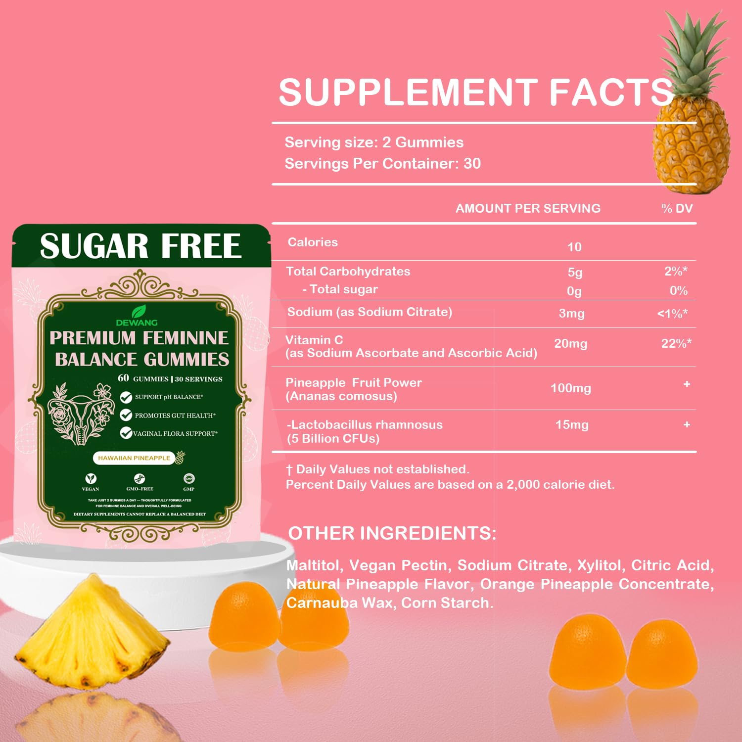 DEWANG gummy bottle stresses vegan and sugar-free promise