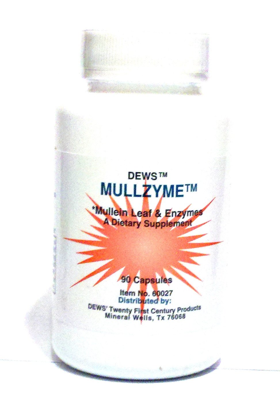 Dews Mullzyme capsules on a clean surface showing mucus breakdown support and digestion aid.