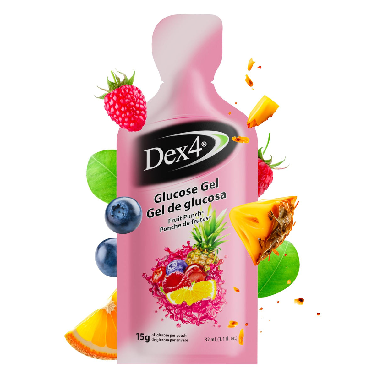 Dex4 glucose gel packs front view showing compact, portable glucose for on-the-go energy