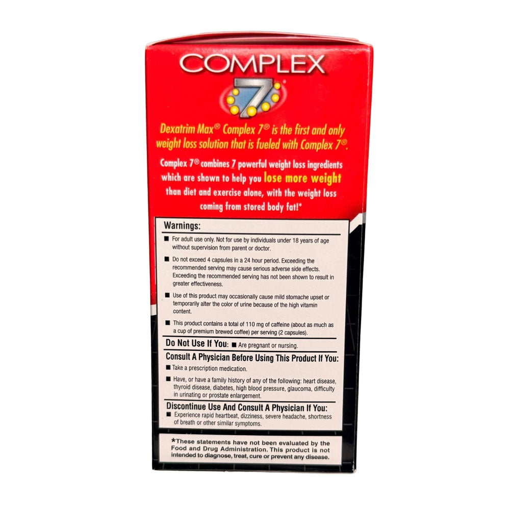 Dexatrim Max Complex 7 ingredients panel close-up for label details