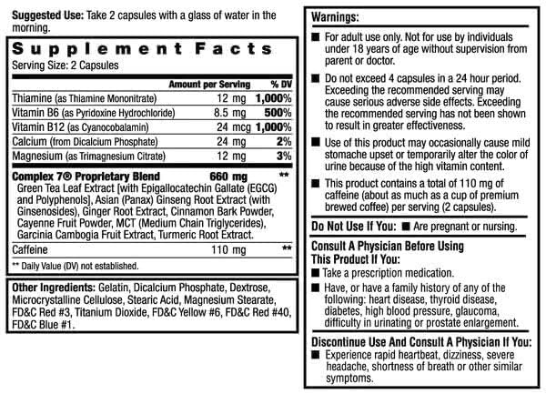 Dexatrim Max Complex 7 label close-up highlighting Ephedra-free formula