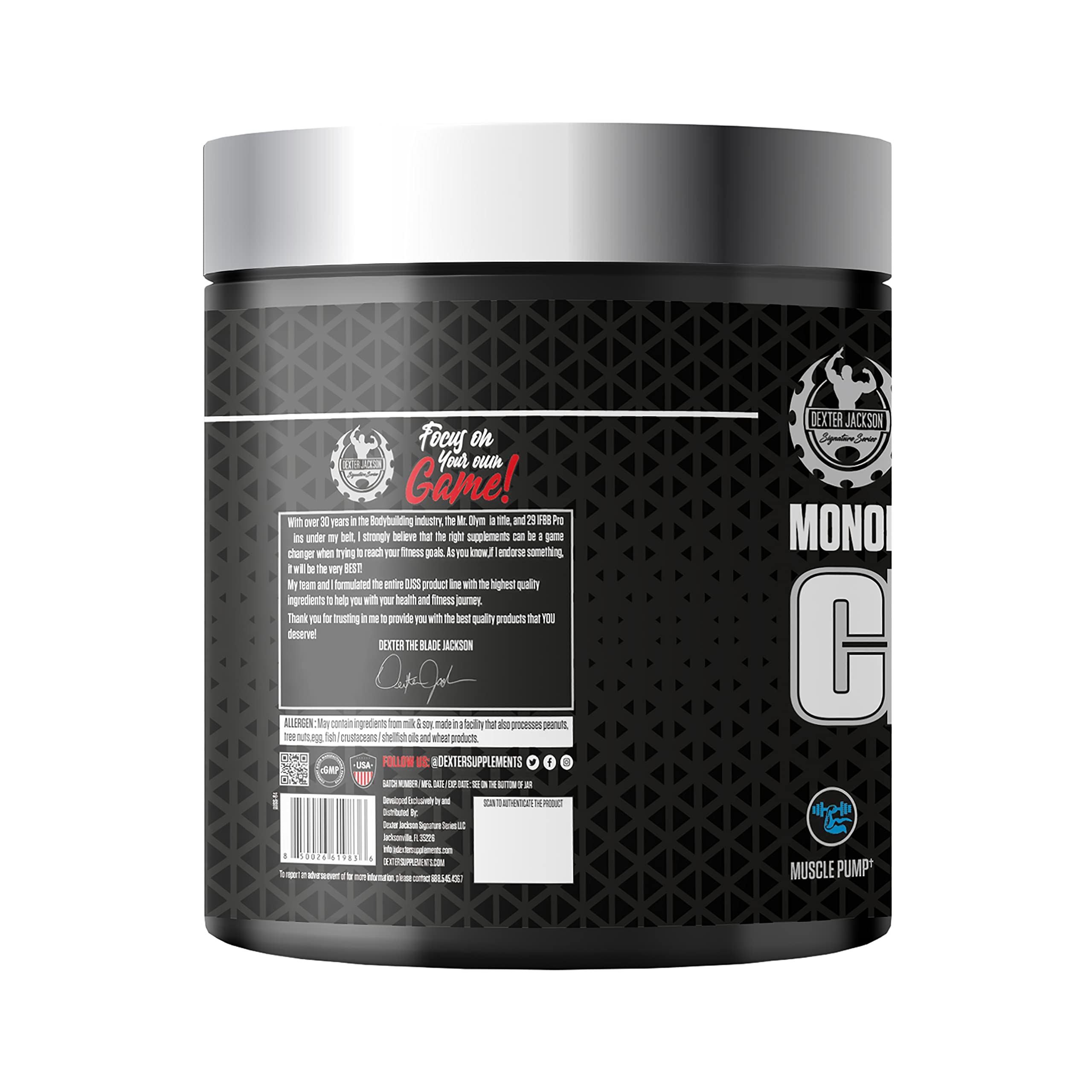 Close-up label highlights purity and quality of creatine monohydrate from DEXTER JACKSON.