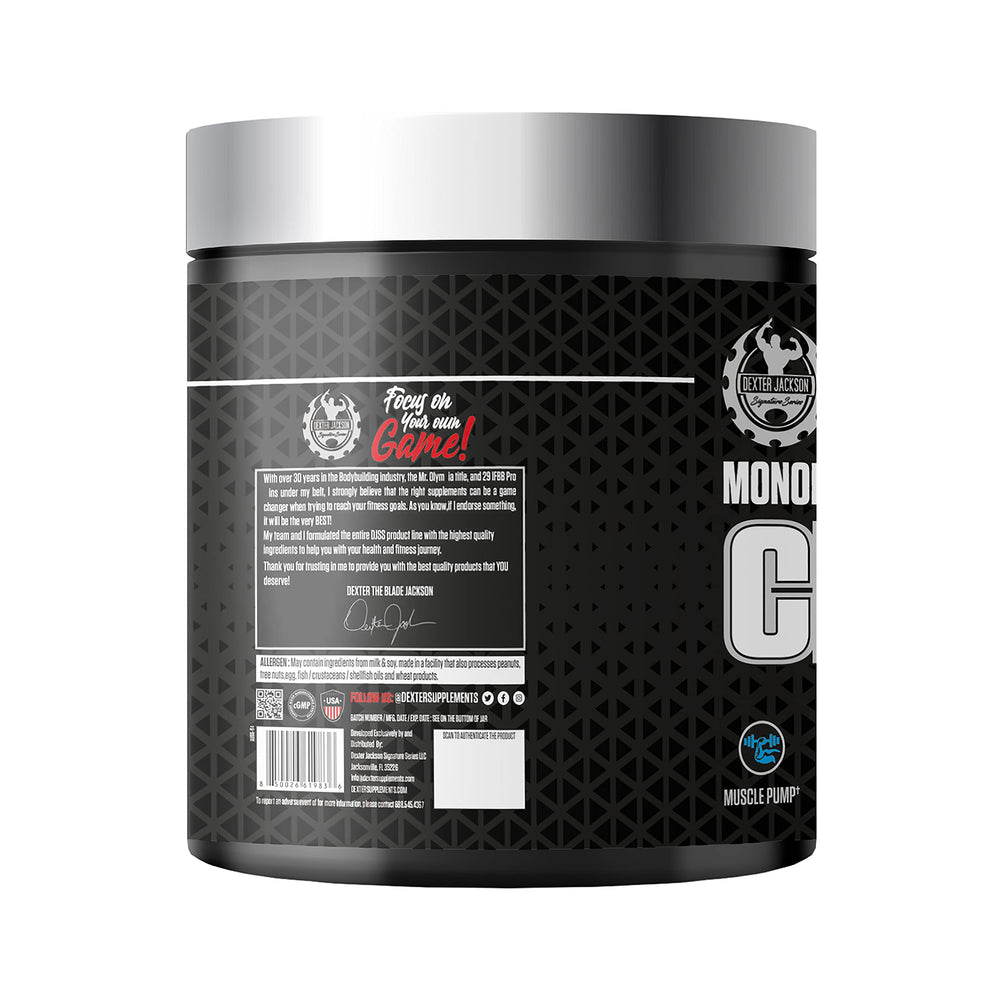 Close-up label highlights purity and quality of creatine monohydrate from DEXTER JACKSON.