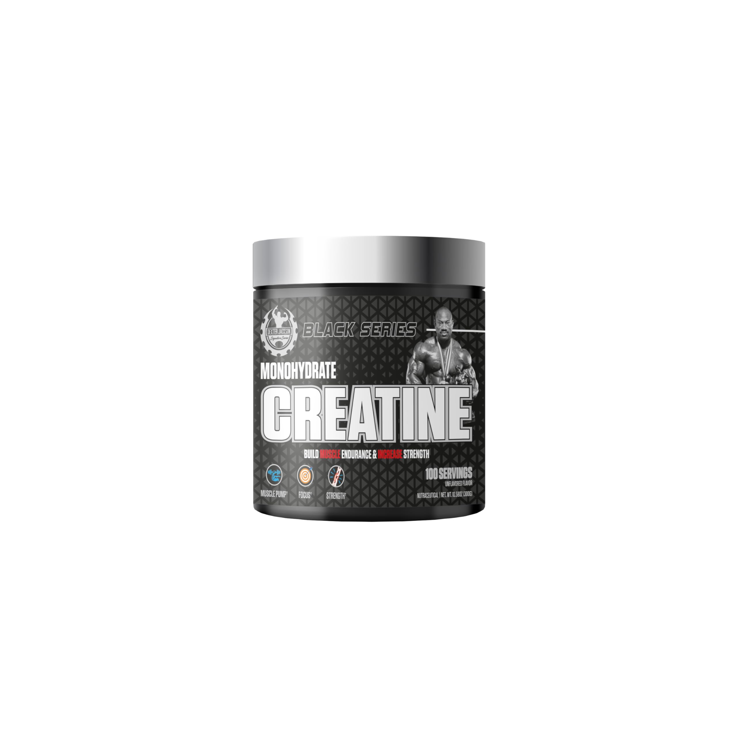 DEXTER JACKSON Black Series Monohydrate Creatine bottle for strength and endurance support.