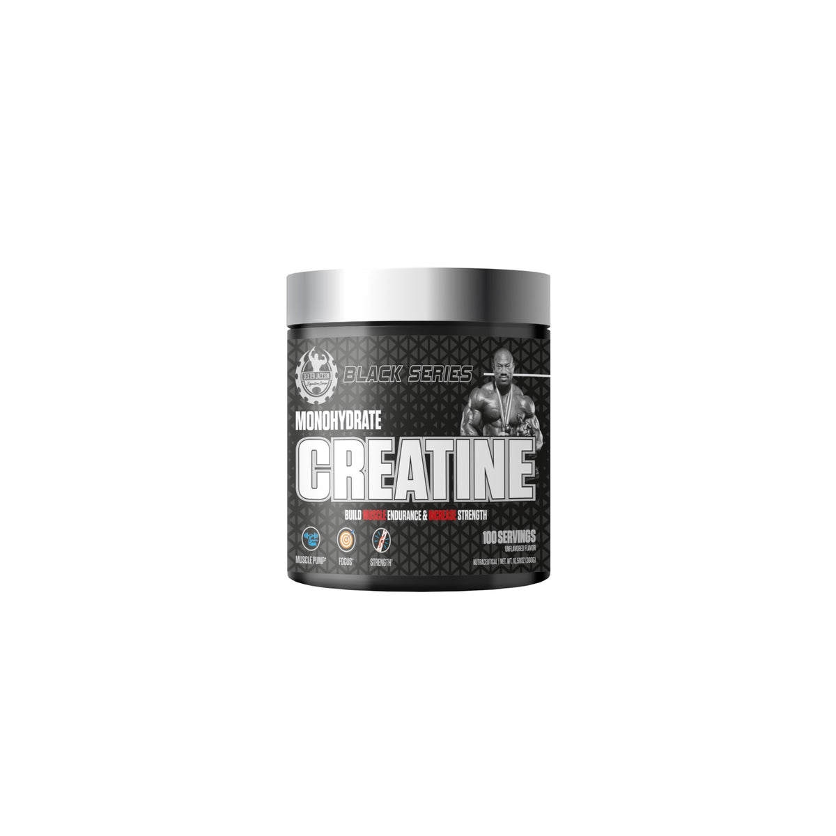DEXTER JACKSON Black Series Monohydrate Creatine bottle for strength and endurance support.