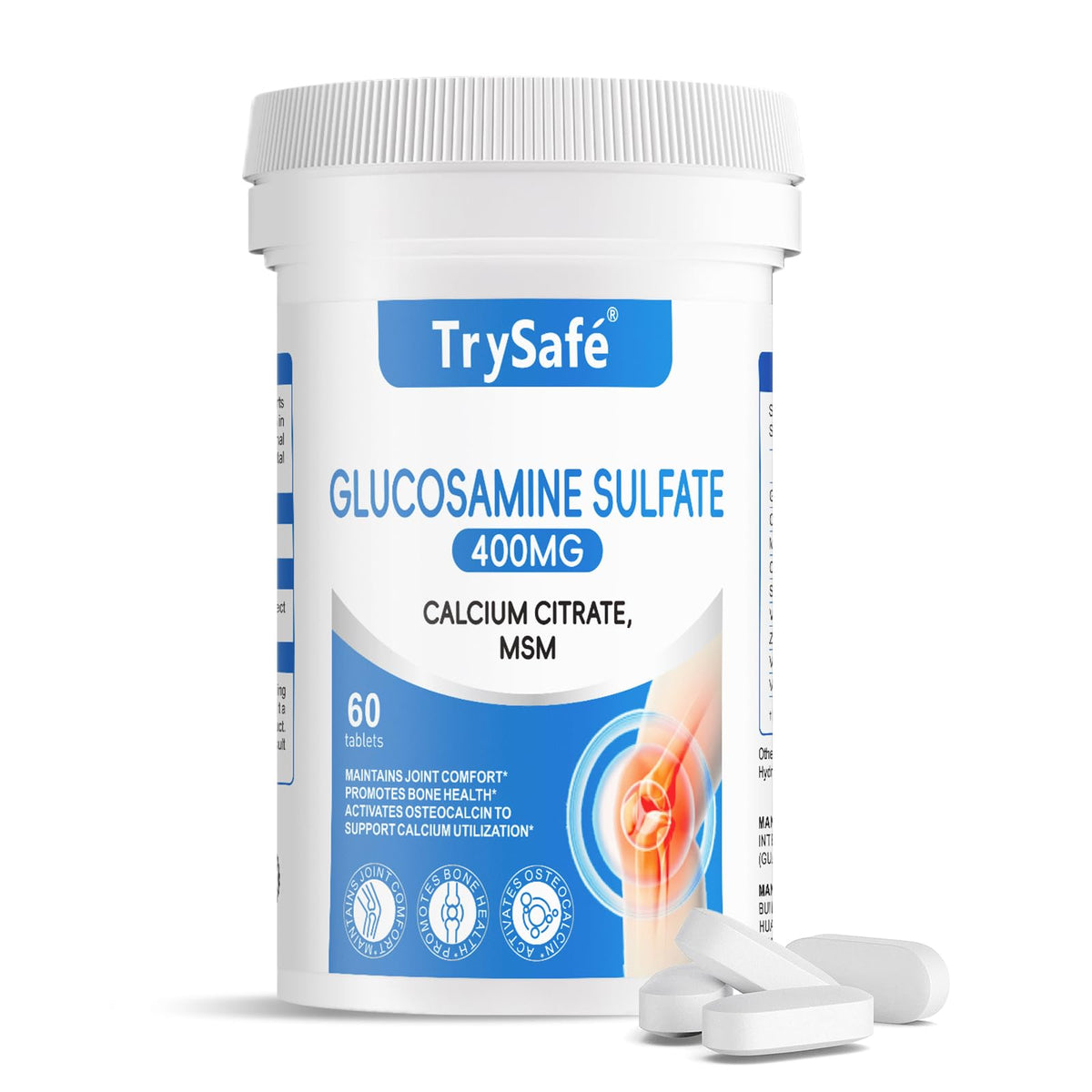 DFP TrySafe calcium bottle label highlights vitamins for bone support