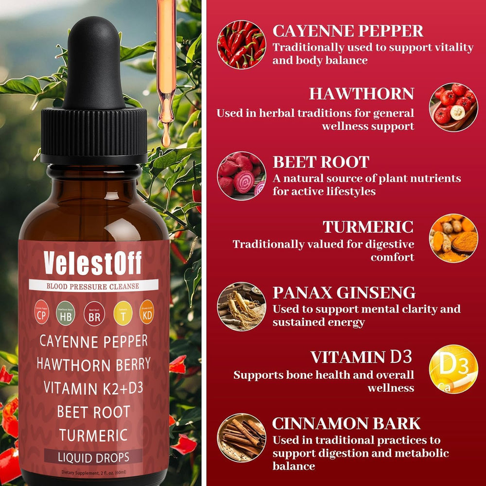 DFTLUUE Velestoff Cayenne Pepper beetroot liquid highlights earthy extract for daily vitality.
