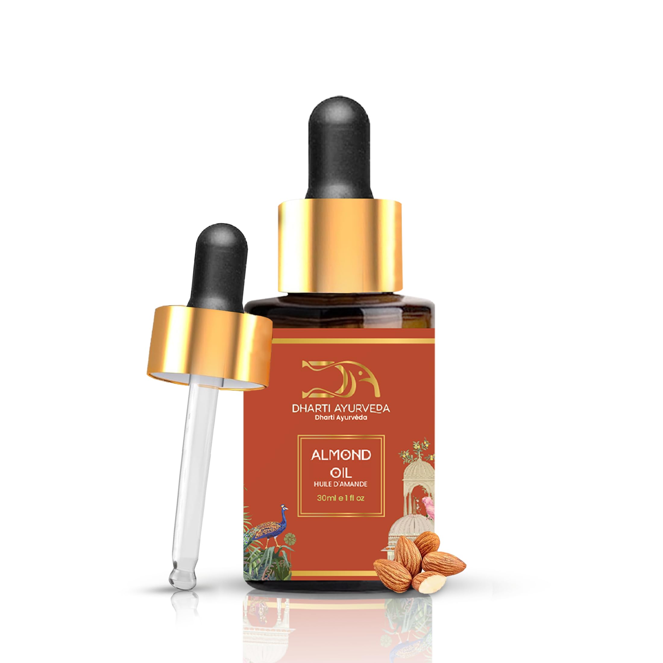 Dharti Ayurveda Sweet Almond Oil bottle highlighting premium undiluted carrier for skin and hair care.
