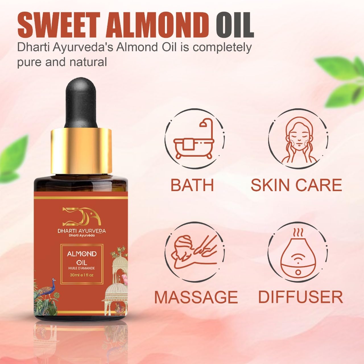Dharti Ayurveda Sweet Almond Oil dropper enables precise application for skin and scalp.