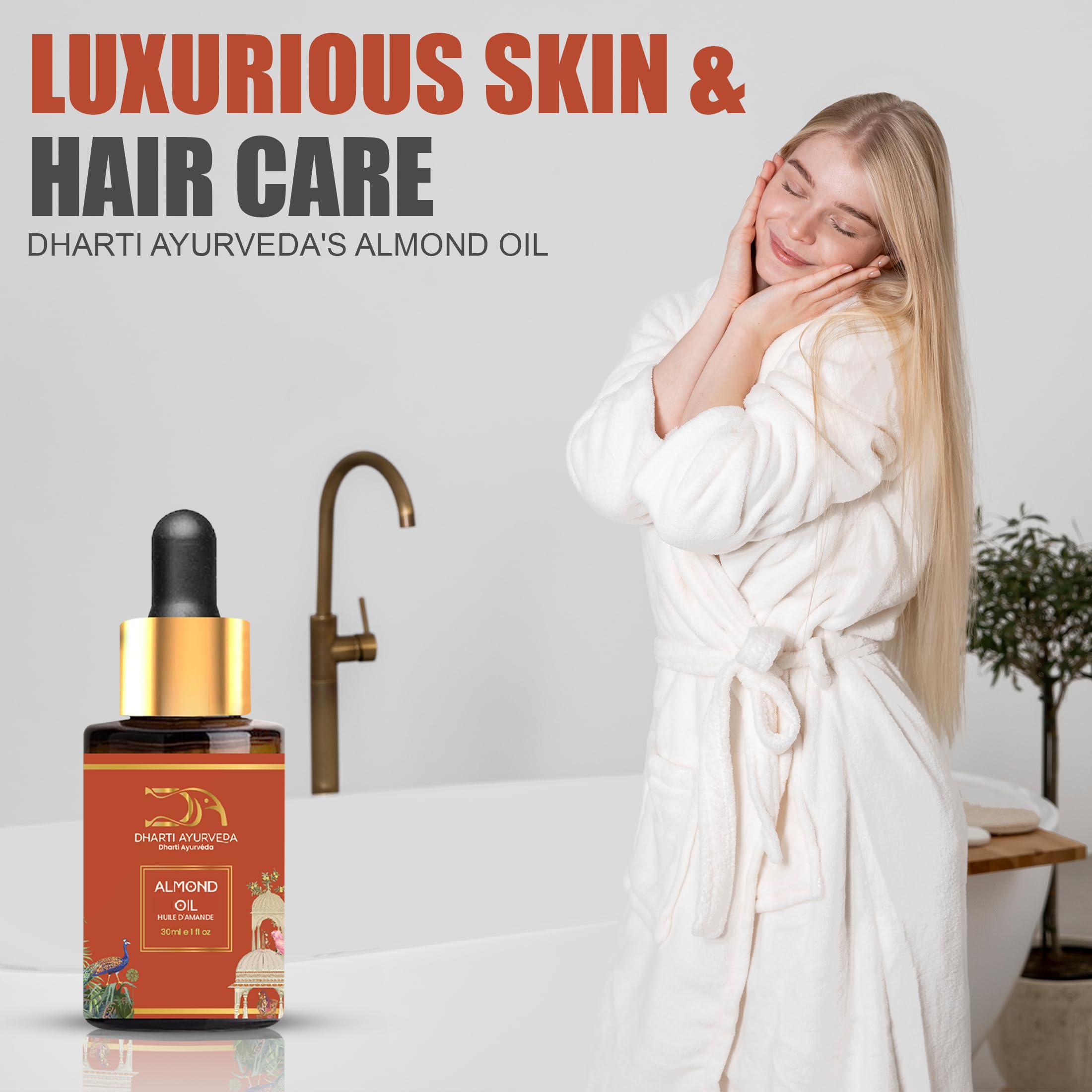 Dharti Ayurveda Sweet Almond Oil hair usage suggests nourishing shine.