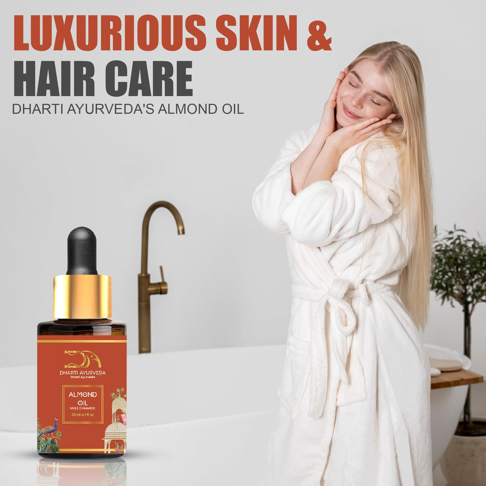 Dharti Ayurveda Sweet Almond Oil hair usage suggests nourishing shine.