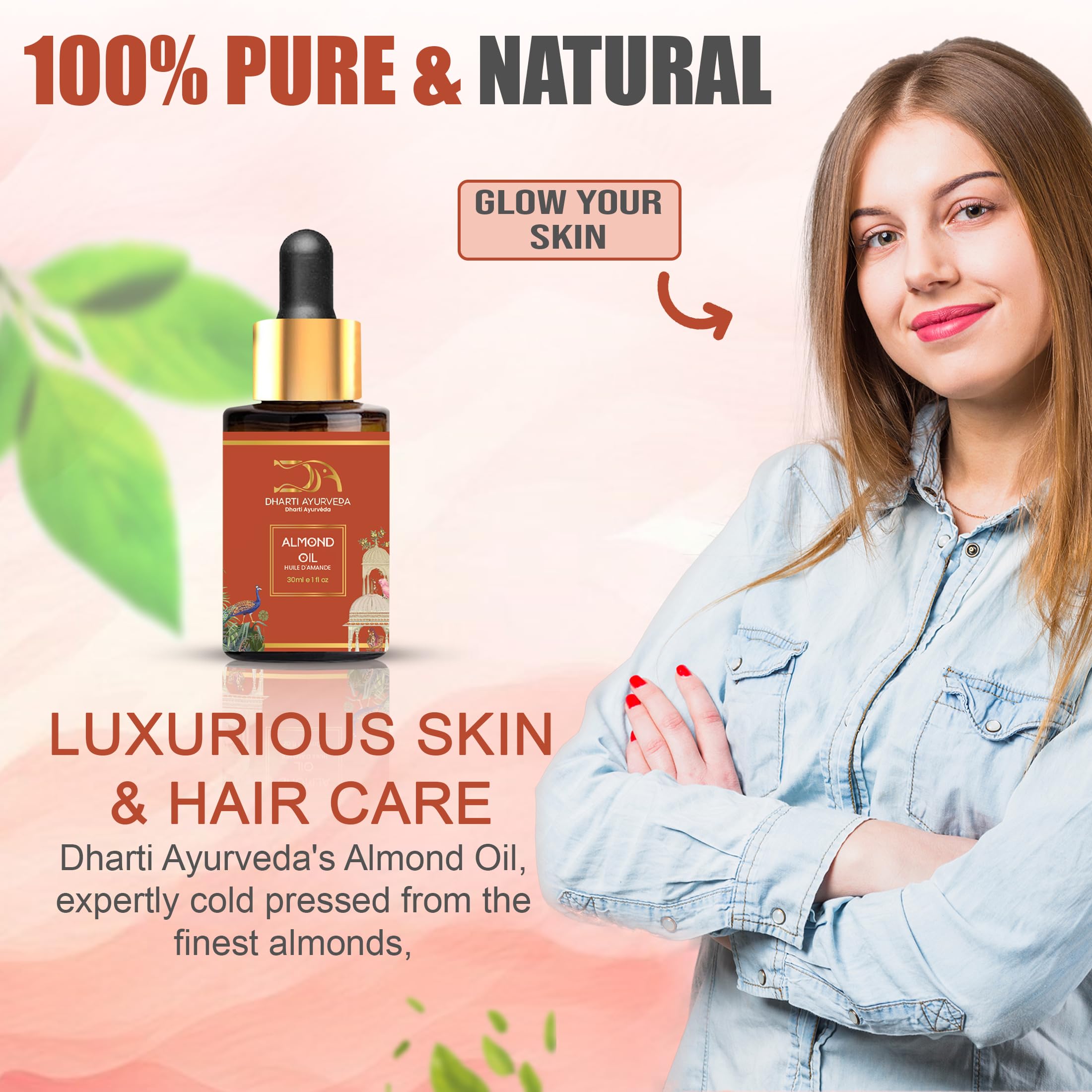 Dharti Ayurveda Sweet Almond Oil texture closeup reveals smooth, ready-to-use oil.