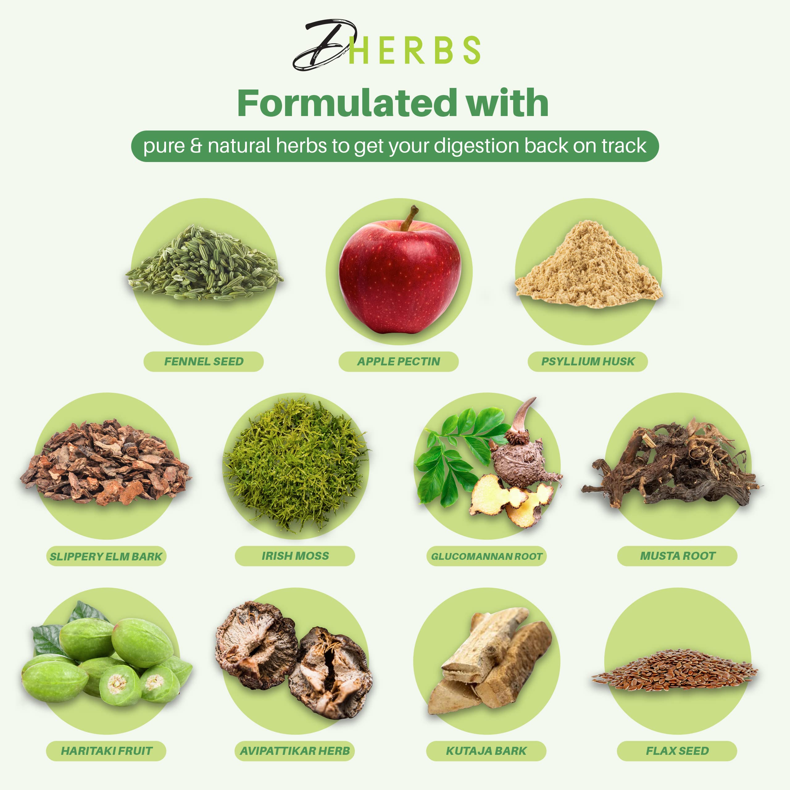 Dherbs blend of fennel, psyllium, and apple pectin supports gentle gut movement.