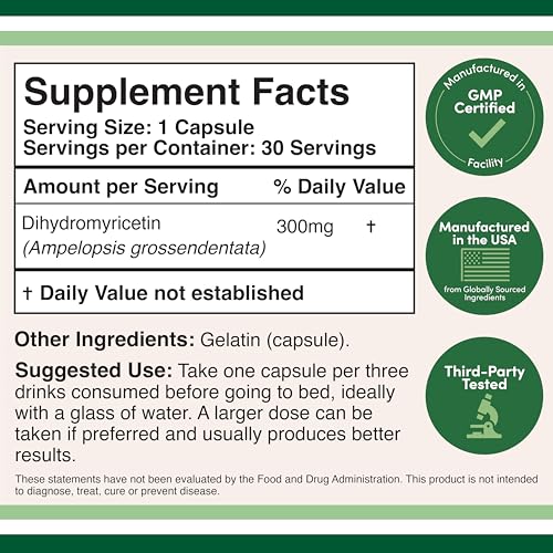 DHM Depot Dihydromyricetin capsules closeup highlighting dosage per cap.