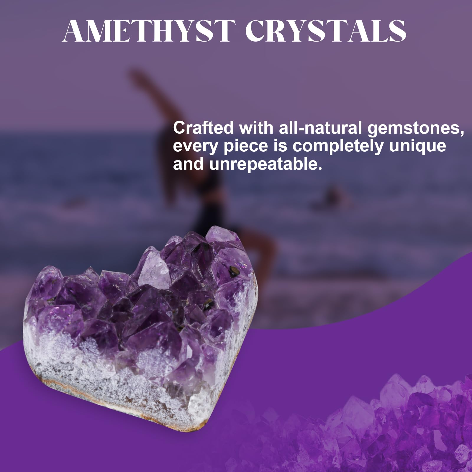 Amethyst heart placed in living room adds gentle glow.