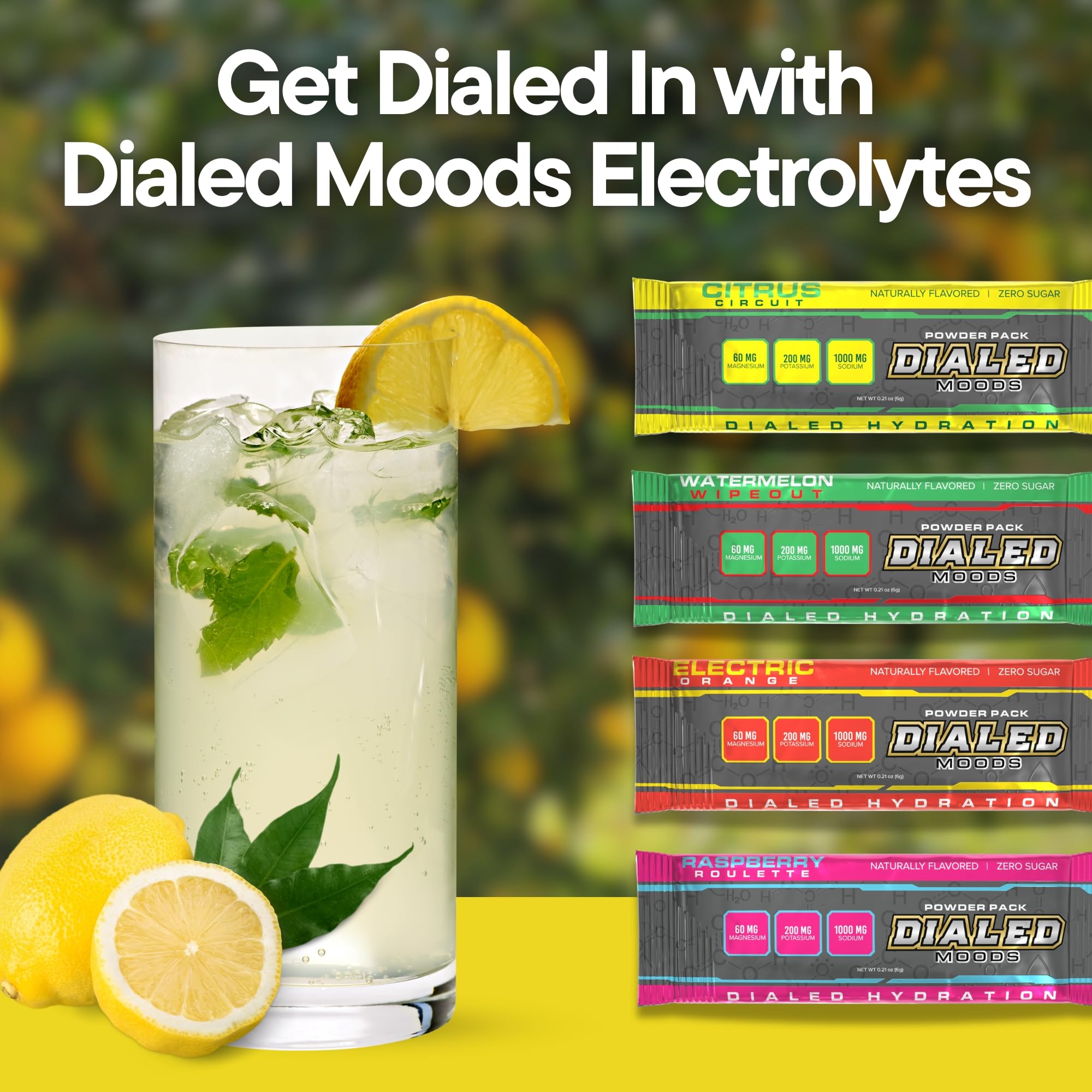 DIALED MOODS Citrus Circuit packet close-up showing sugar-free formula