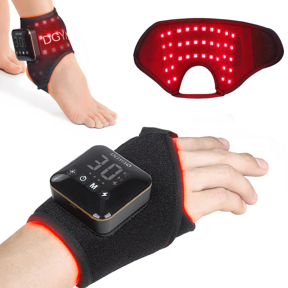 Dialudon cordless red light therapy for the ankle in use on the leg for targeted warmth