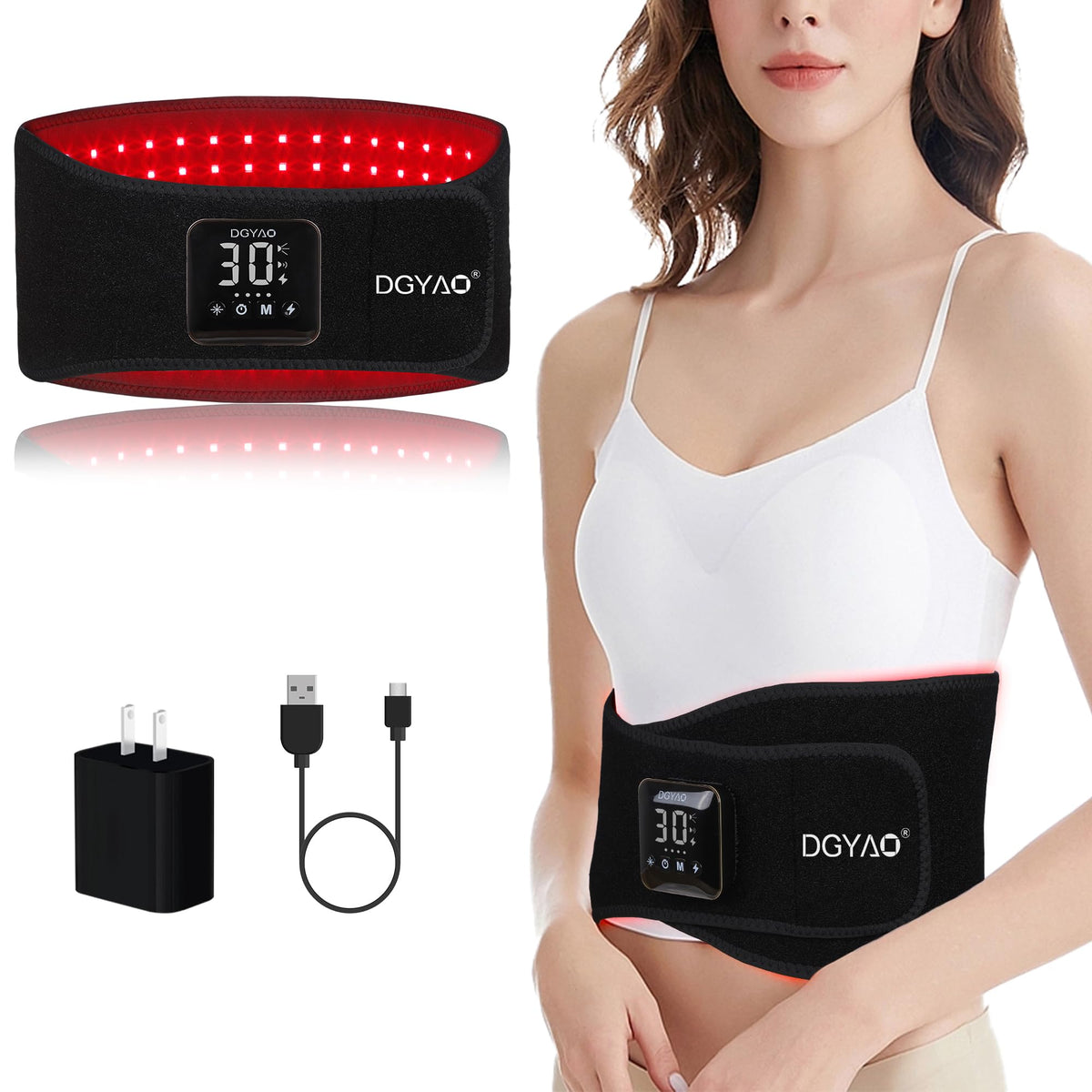 Dialudon cordless red light therapy belt in use with battery attached for at-home relief