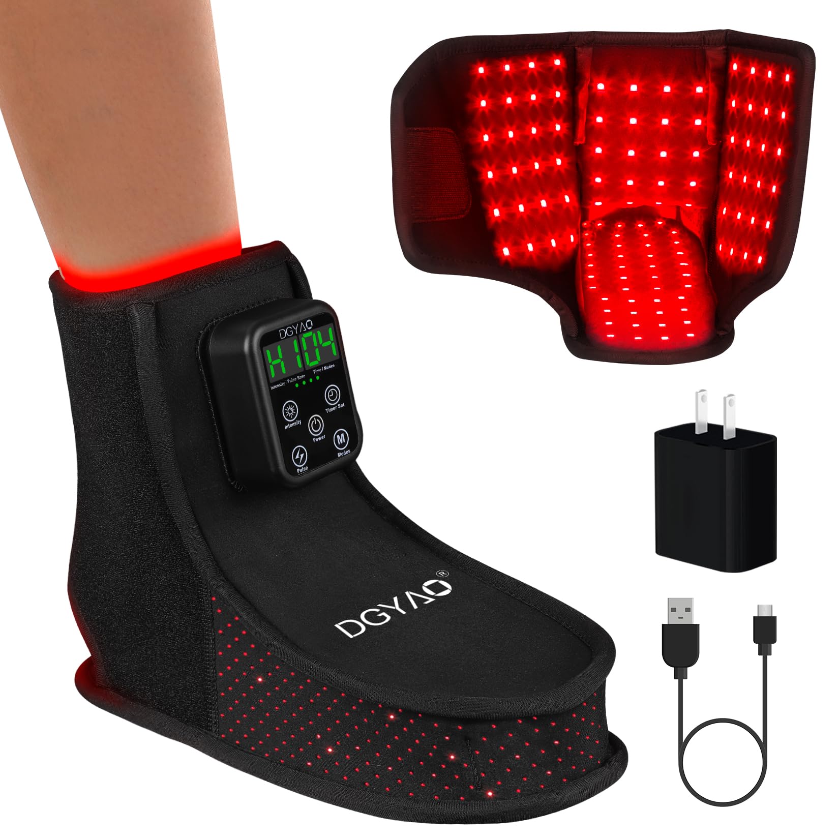 Dialudon foot red-light wrap worn for easy home therapy sessions.