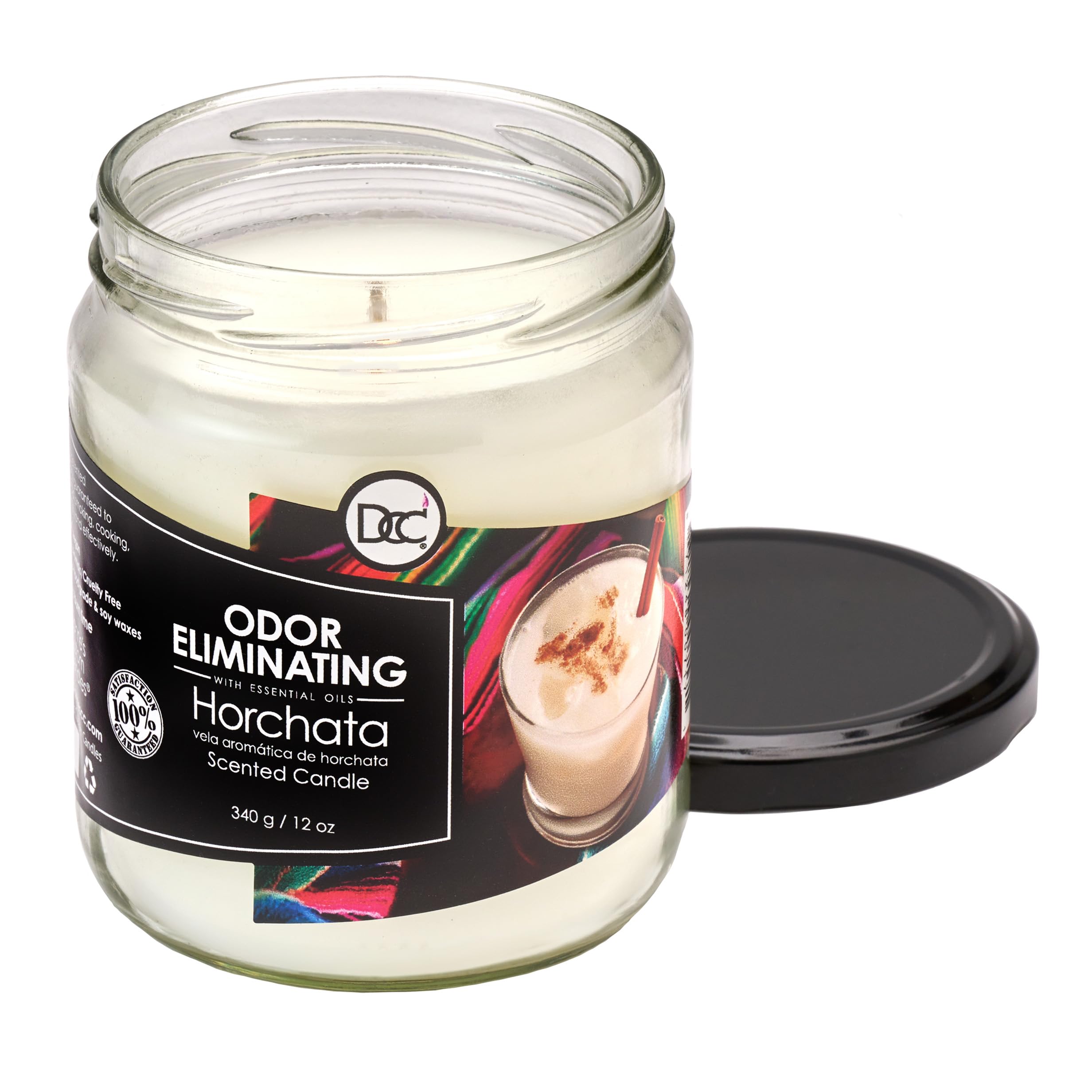 Dianne's Horchata label closeup emphasizes fragrance quality and odor-elimination technology.