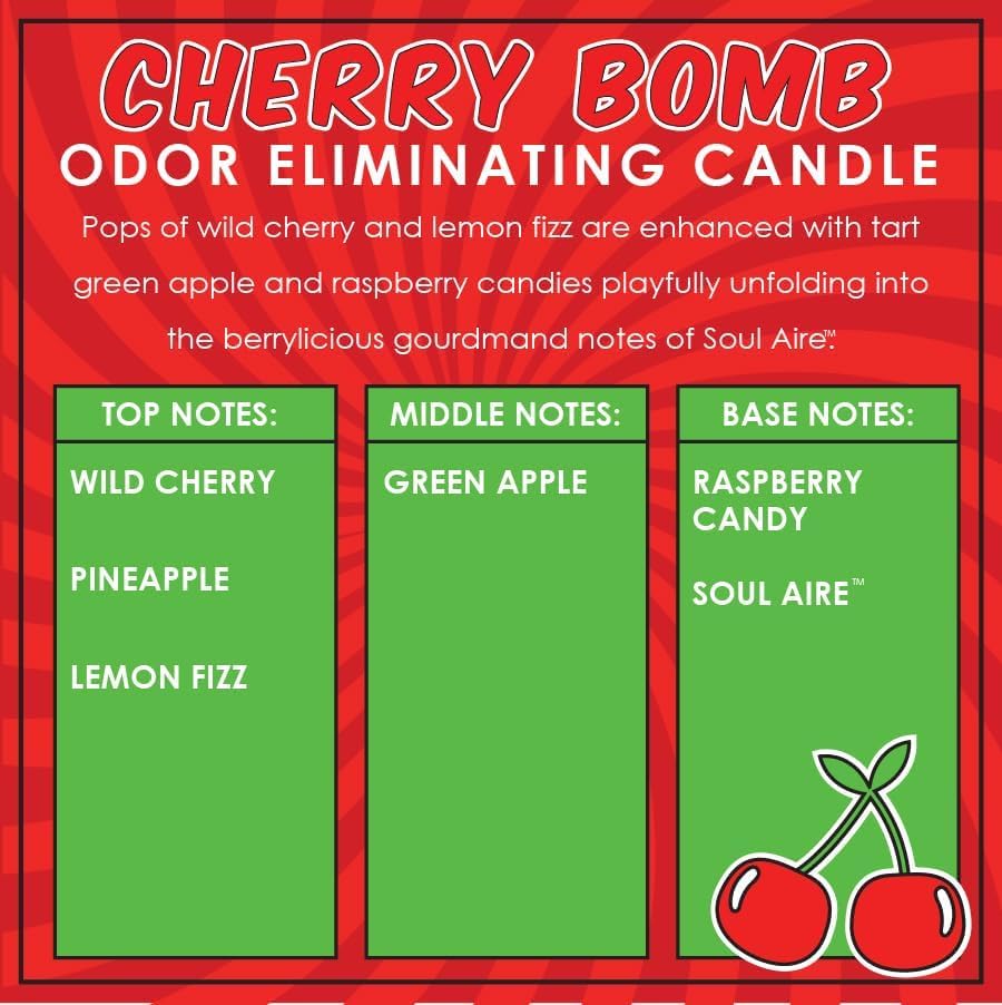 Dianne's Custom Candles Cherry Bomb fragrance swirl with wild cherry, lemon fizz, and green apple for aroma.
