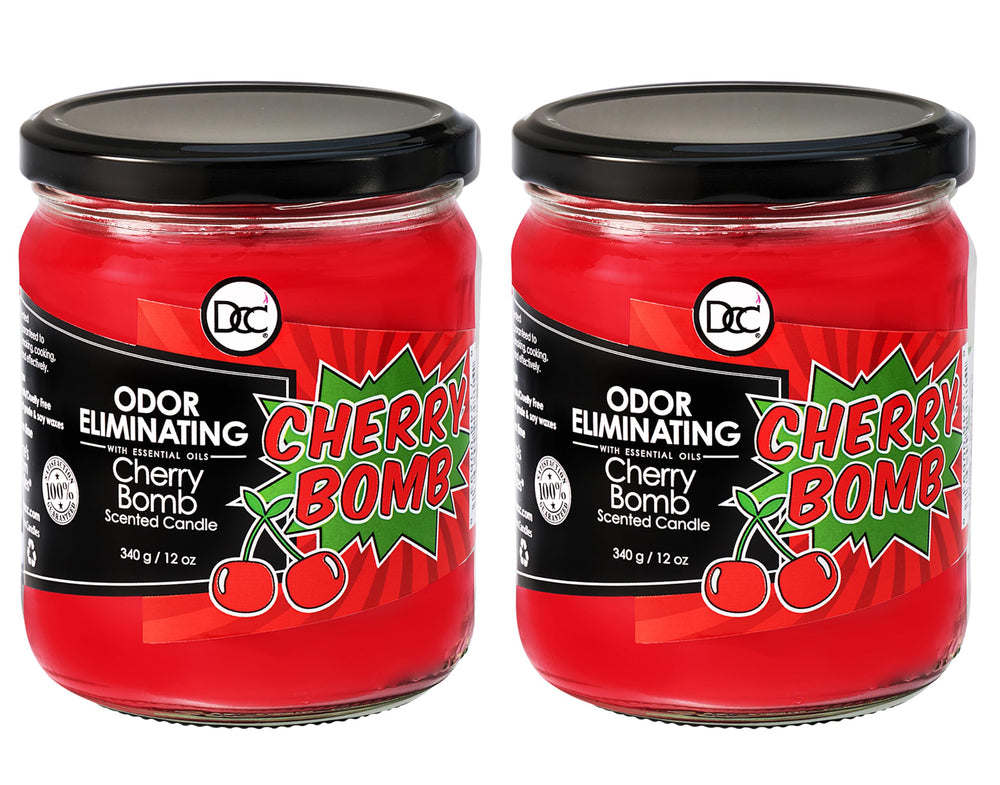 Dianne's Custom Candles Cherry Bomb two-pack closeup with bright cherry scent for fresh rooms.