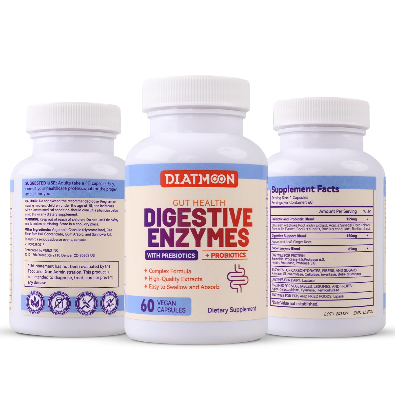 Diatmoon enzyme capsules pouring into a glass illustrate easy daily use.