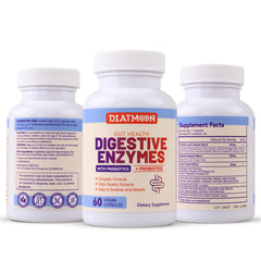 Diatmoon enzyme capsules pouring into a glass illustrate easy daily use.