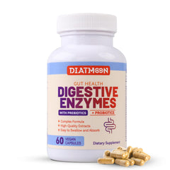 Diatmoon digestive enzymes bottle close-up highlights gut support with vegan, non-GMO ingredients.