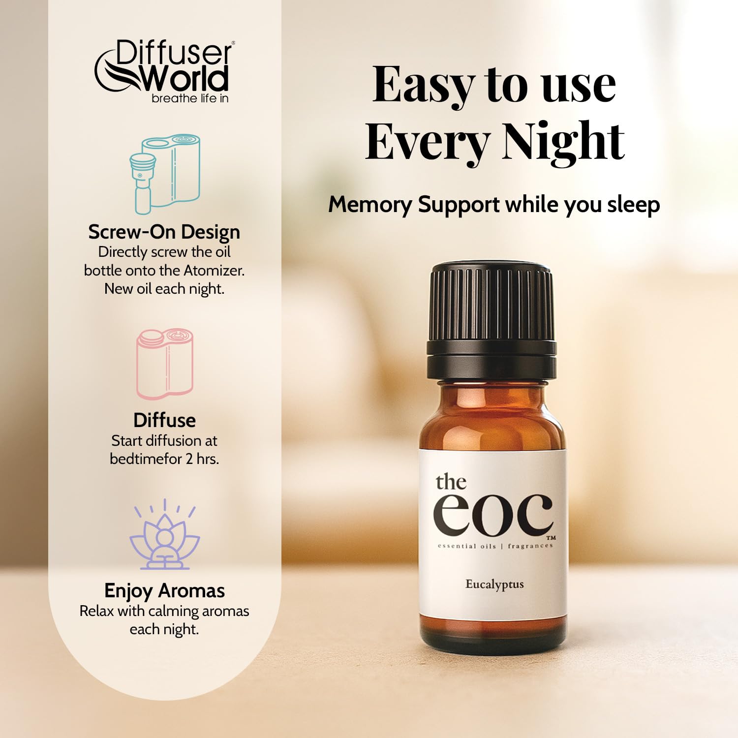 DIFFUSER WORLD Eucalyptus bottle pour adds a crisp, clean aroma to any room.