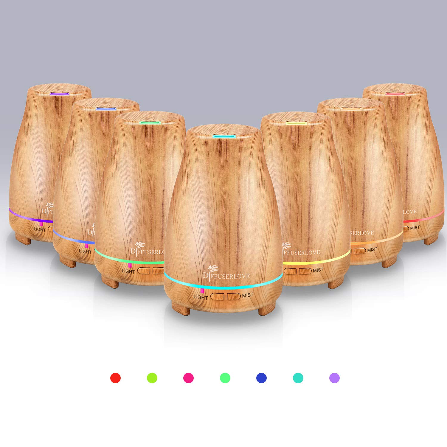 Diffuserlove seven-color LED lights create ambient mood lighting for relaxation.