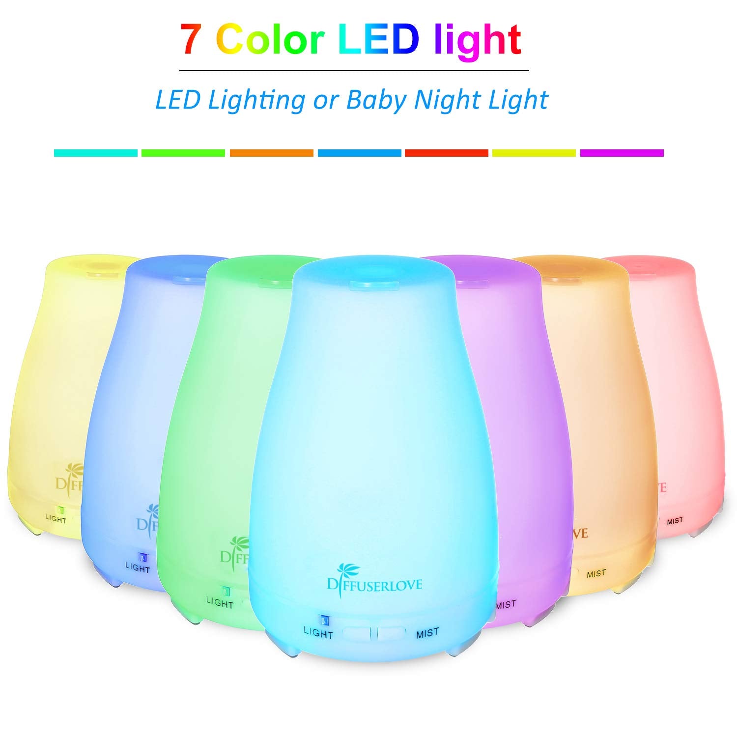 Diffuserlove diffuser showing 7-color LED lights for ambient mood lighting.