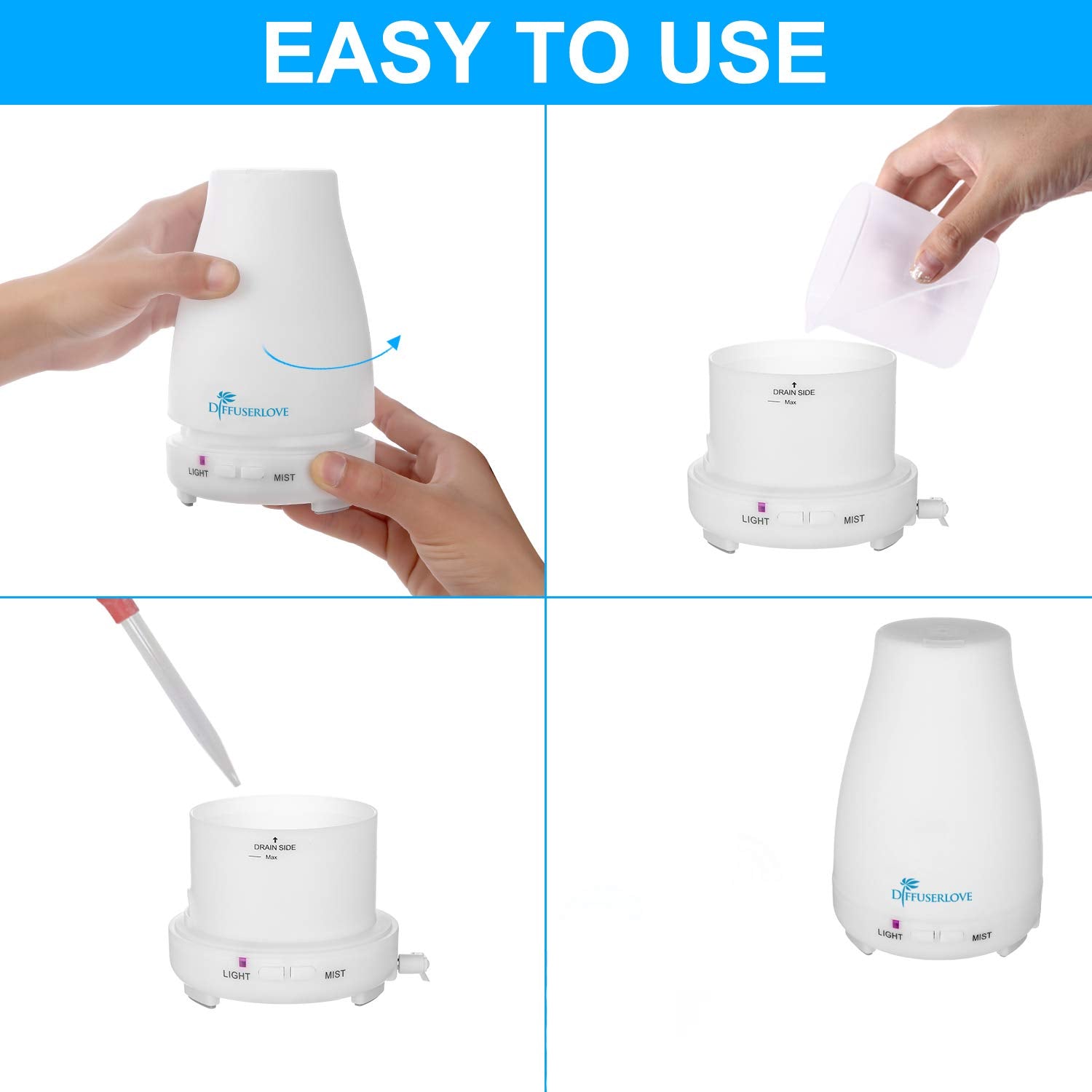 Diffuserlove palm-sized diffuser easily fits on a desktop.