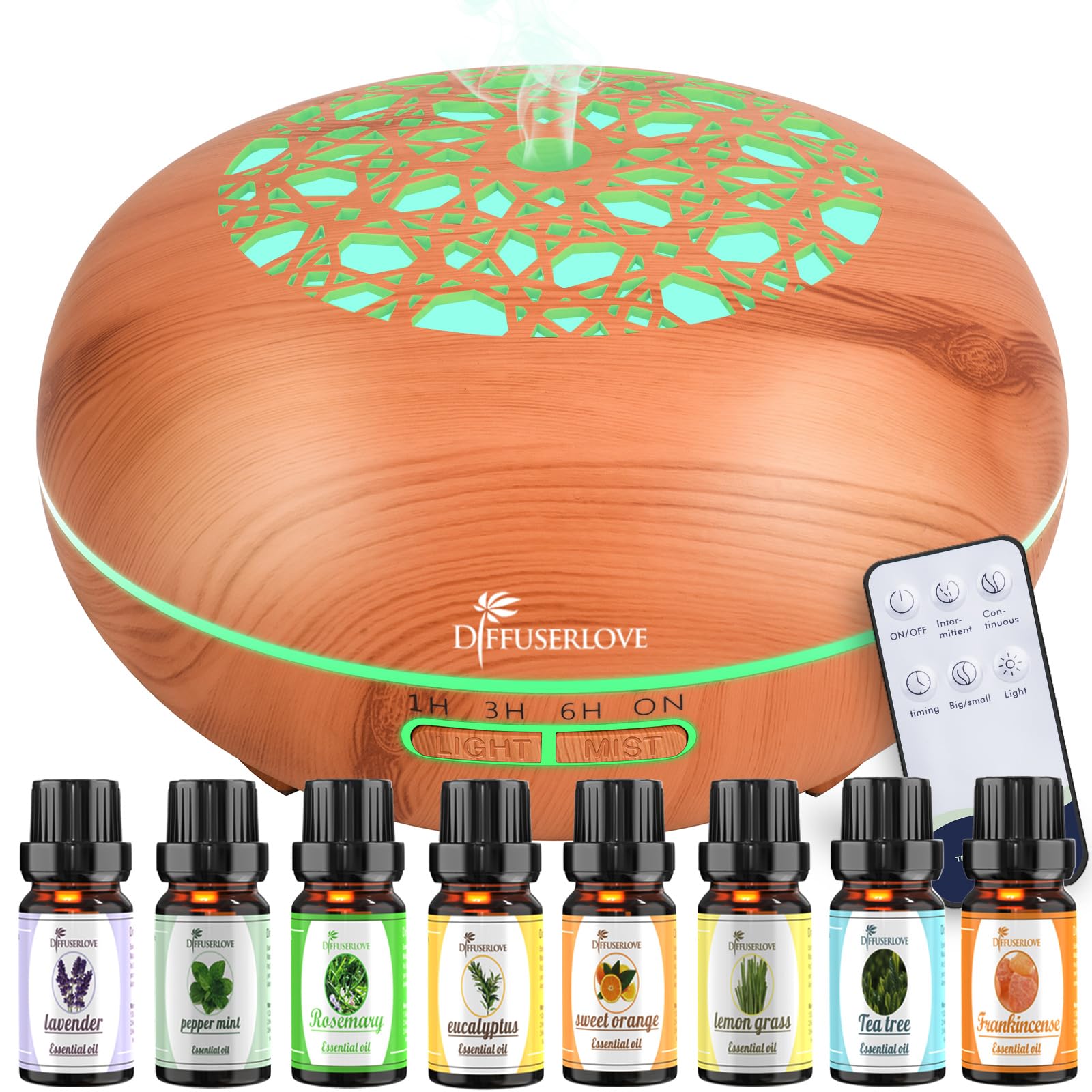 Diffuserlove remote control for easy timing and mode adjustments, ideal for living rooms.