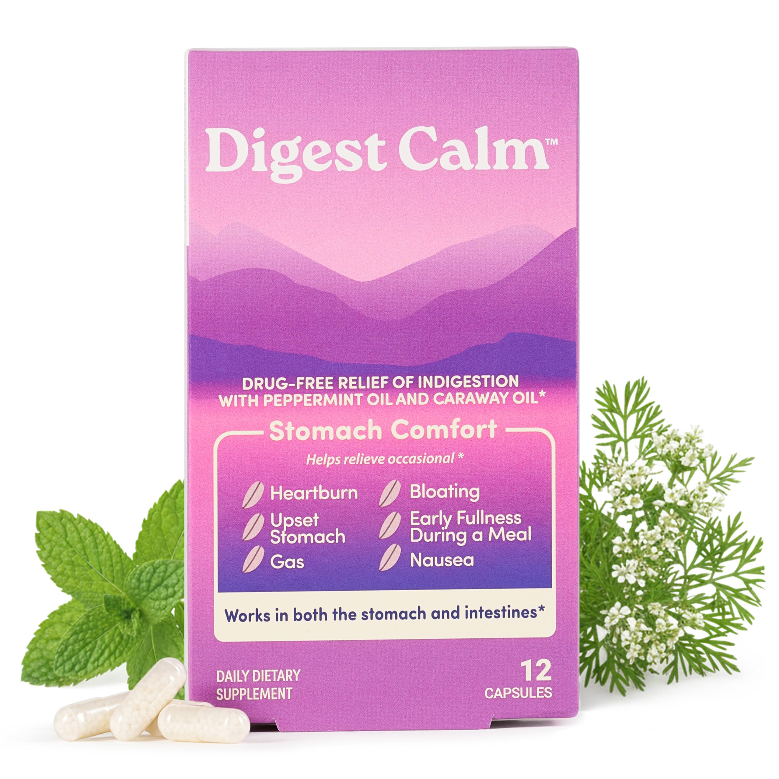 Digest Calm bottle front view, natural herbal relief for occasional indigestion.