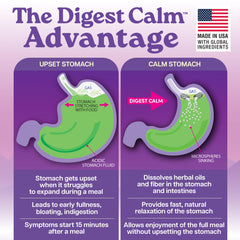 Digest Calm bottle label shows peppermint and caraway oils for aroma